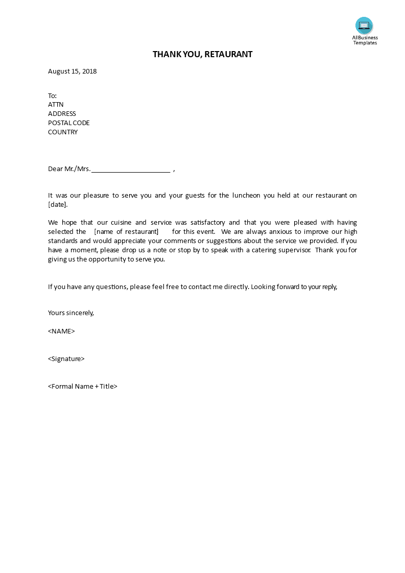 thanks for your hospitality letter template