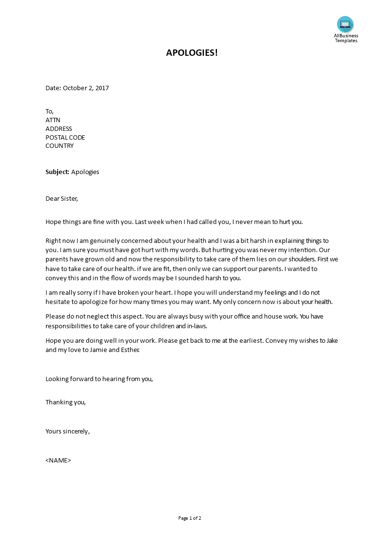 apology letter dear sister template