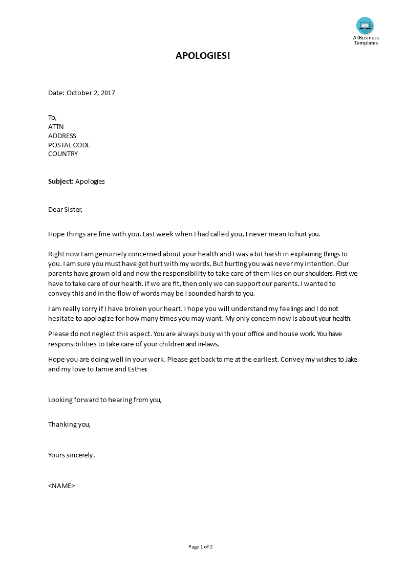 Apology Letter Dear Sister Templates At Allbusinesstemplates Com