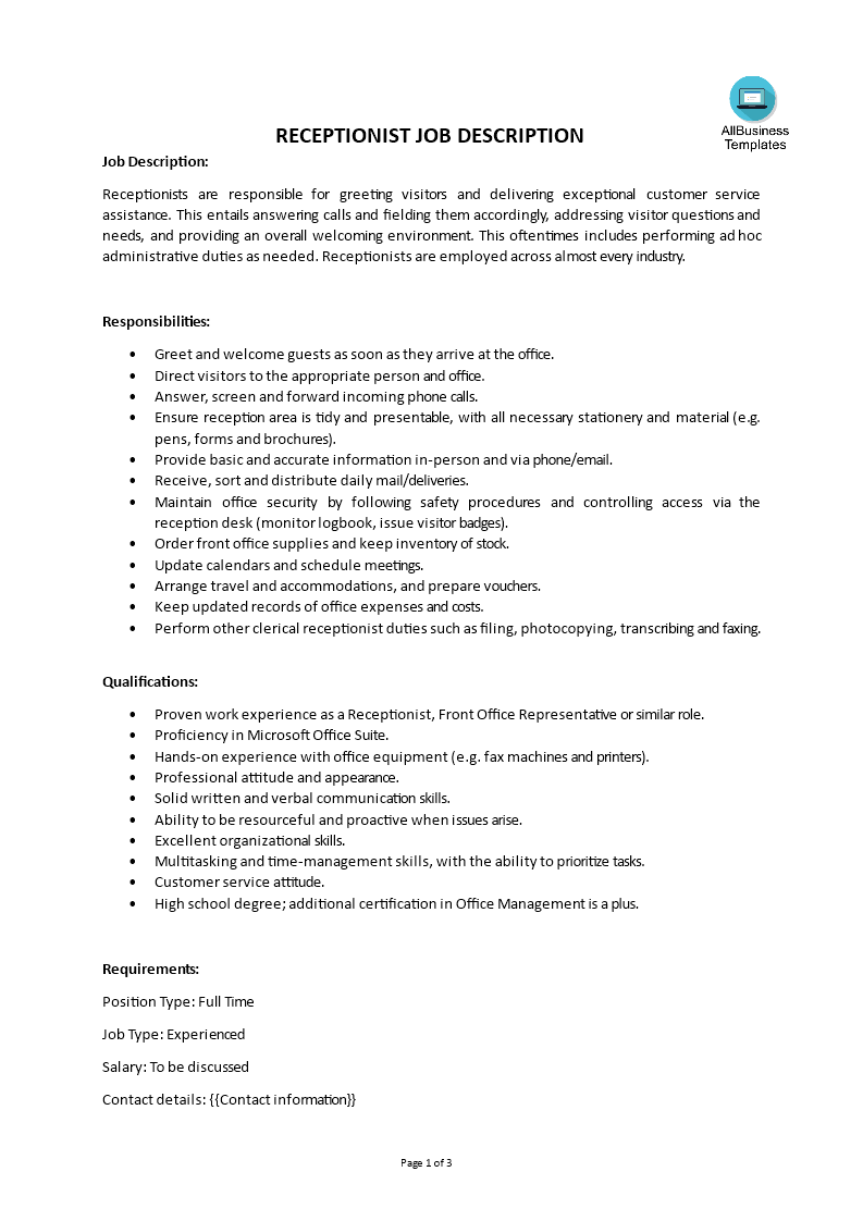 Receptionist Job Description main image