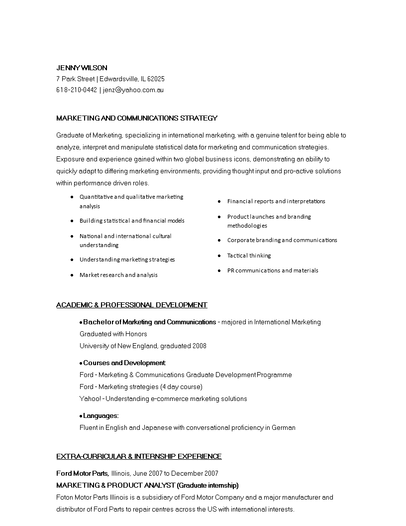 entry level marketing communications resume template