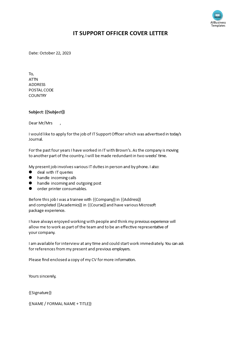 it support officer cover letter