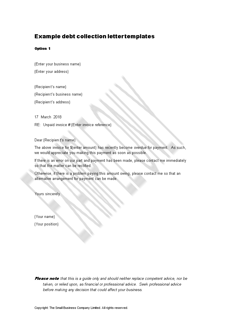 debt collection letter sample voorbeeld afbeelding 