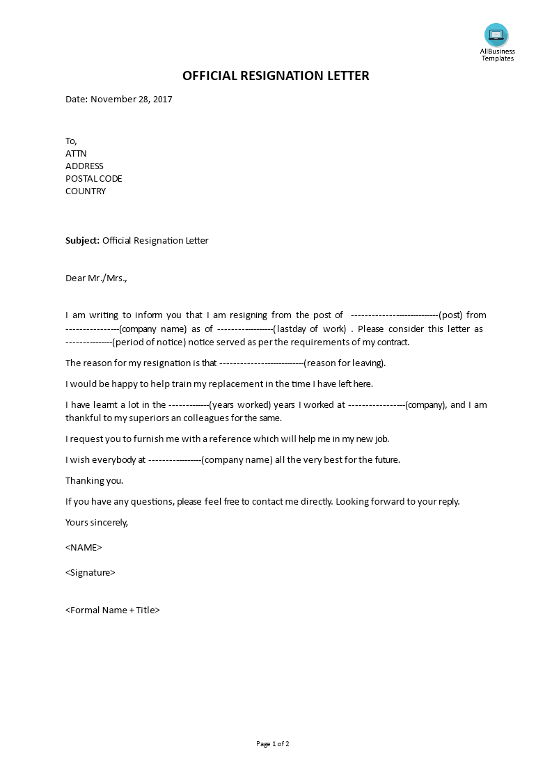 official resignation letter template