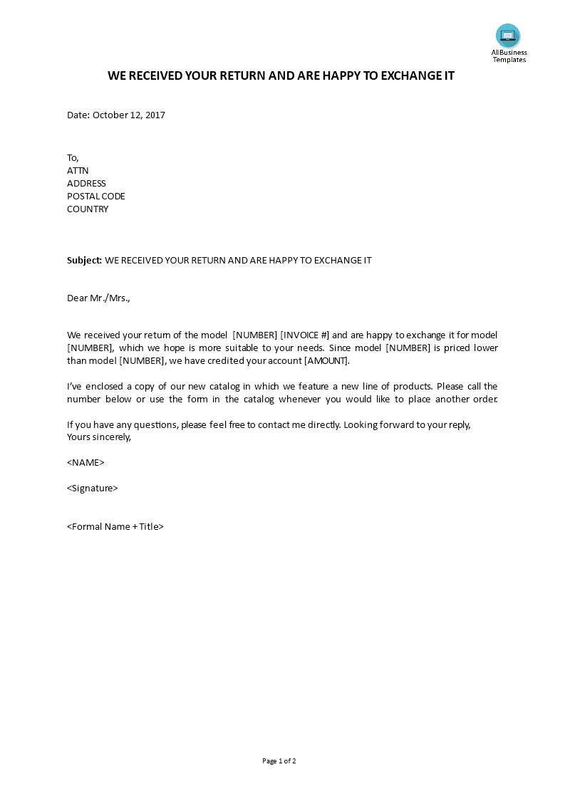 complaint reply - we received your return and are happy to exchange it voorbeeld afbeelding 