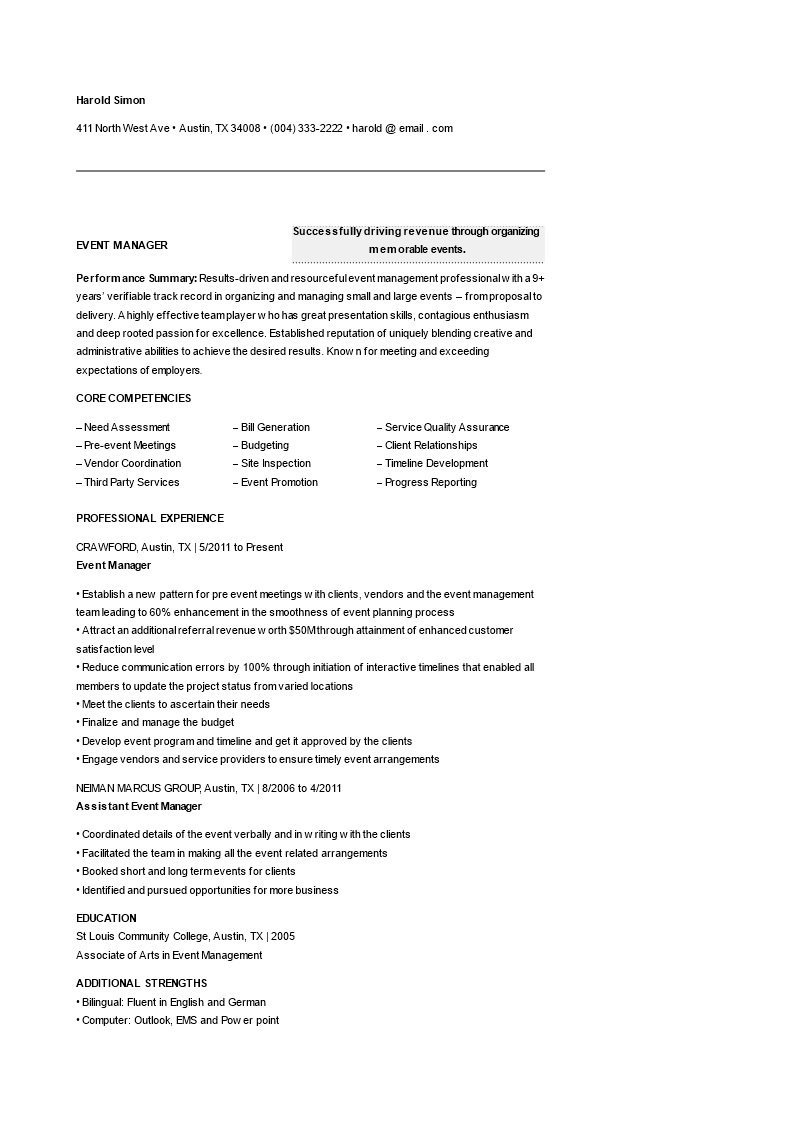 event manager resume plantilla imagen principal