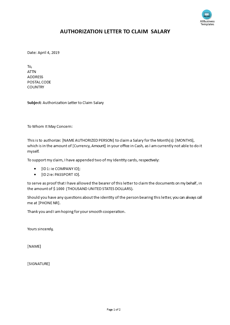 authorization letter to claim salary Hauptschablonenbild