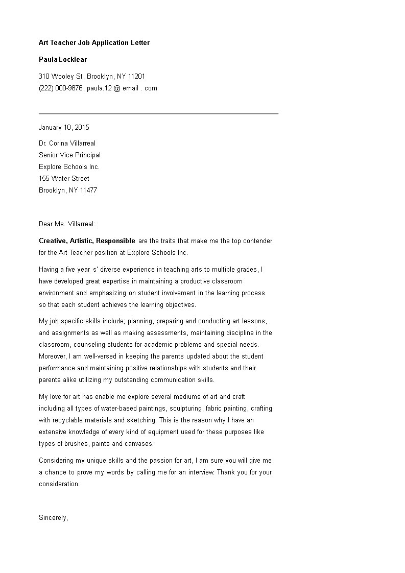 art teacher job application letter template