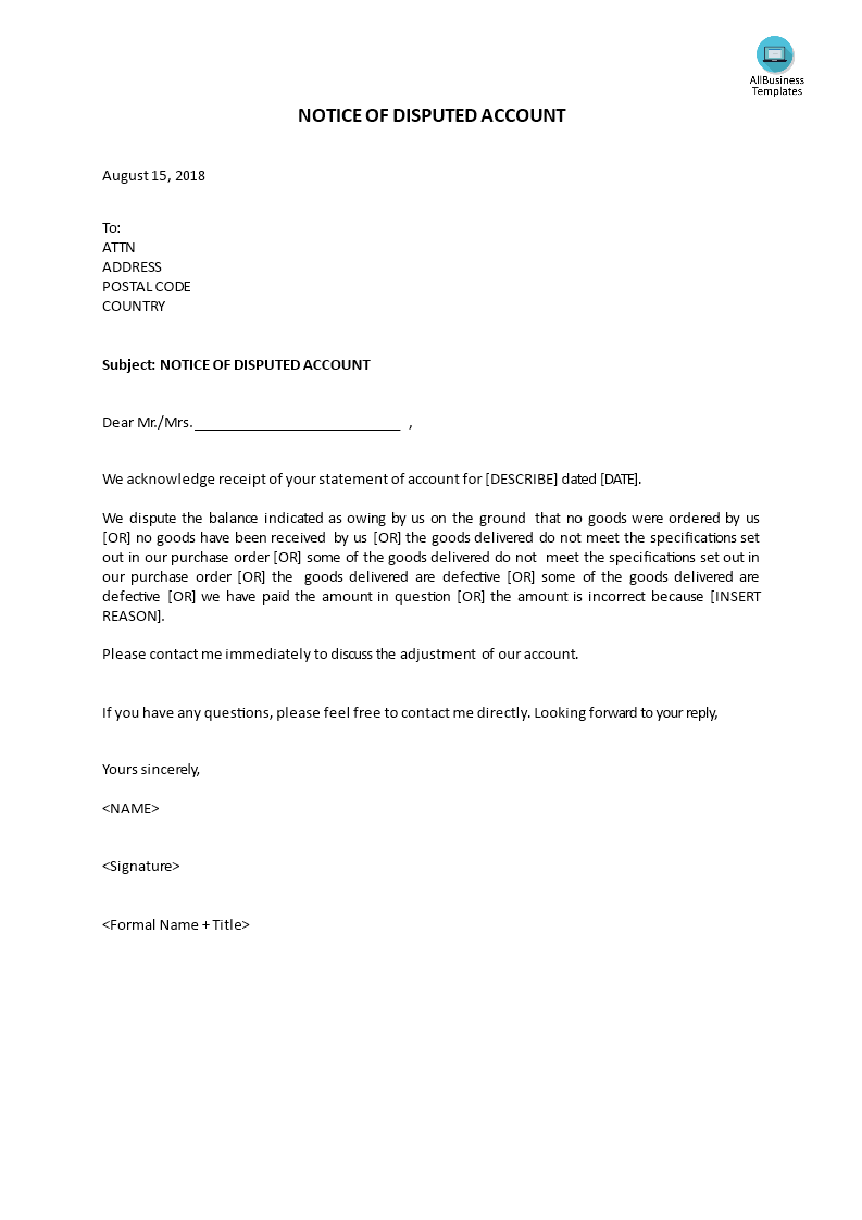 Notice of Disputed Account main image