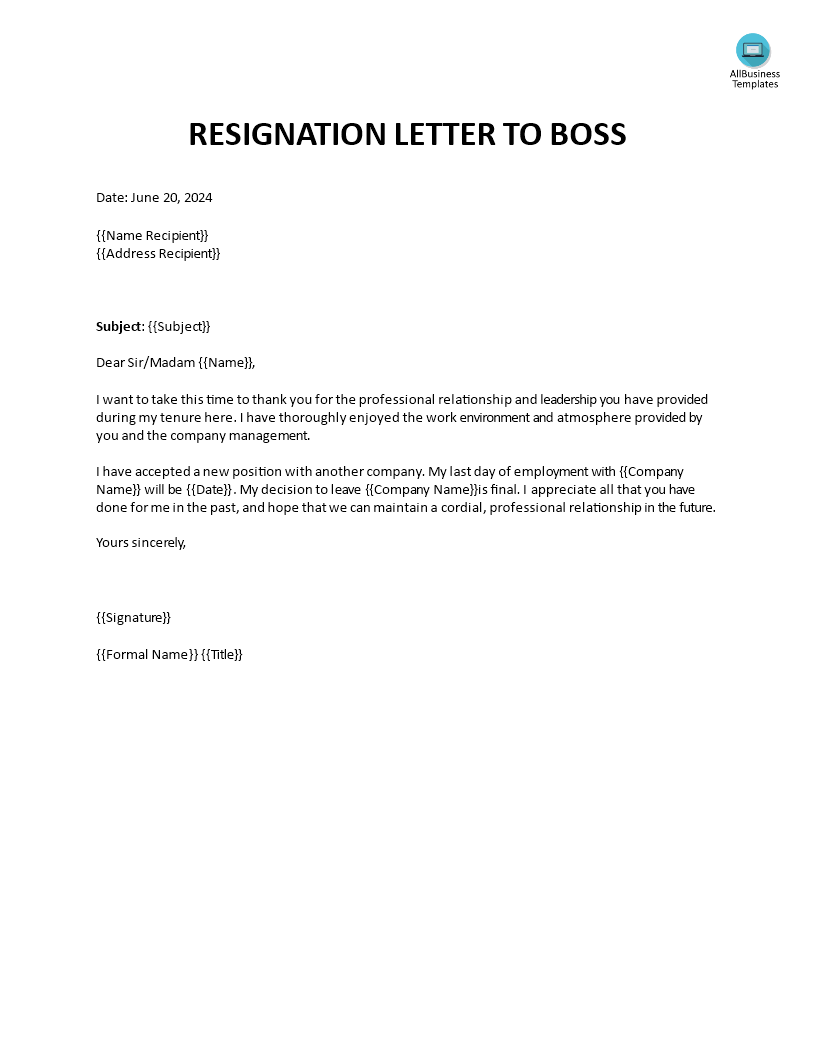 heartfelt resignation letter to boss plantilla imagen principal