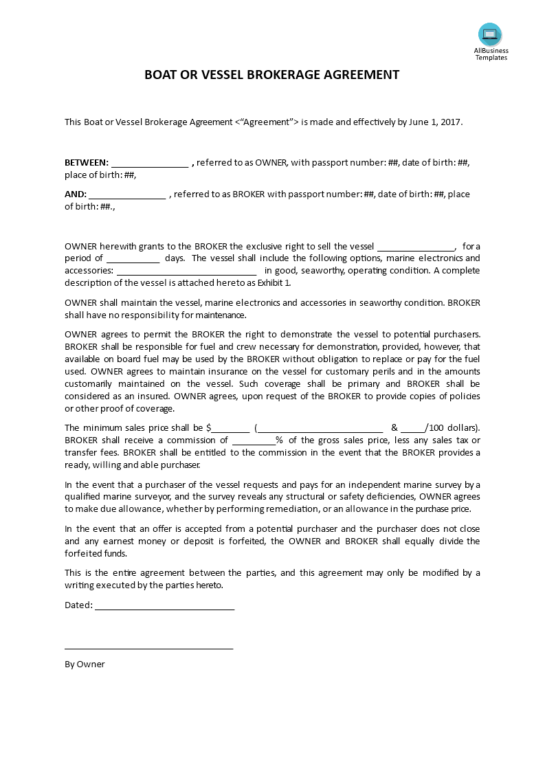 boat or vessel brokerage agreement template