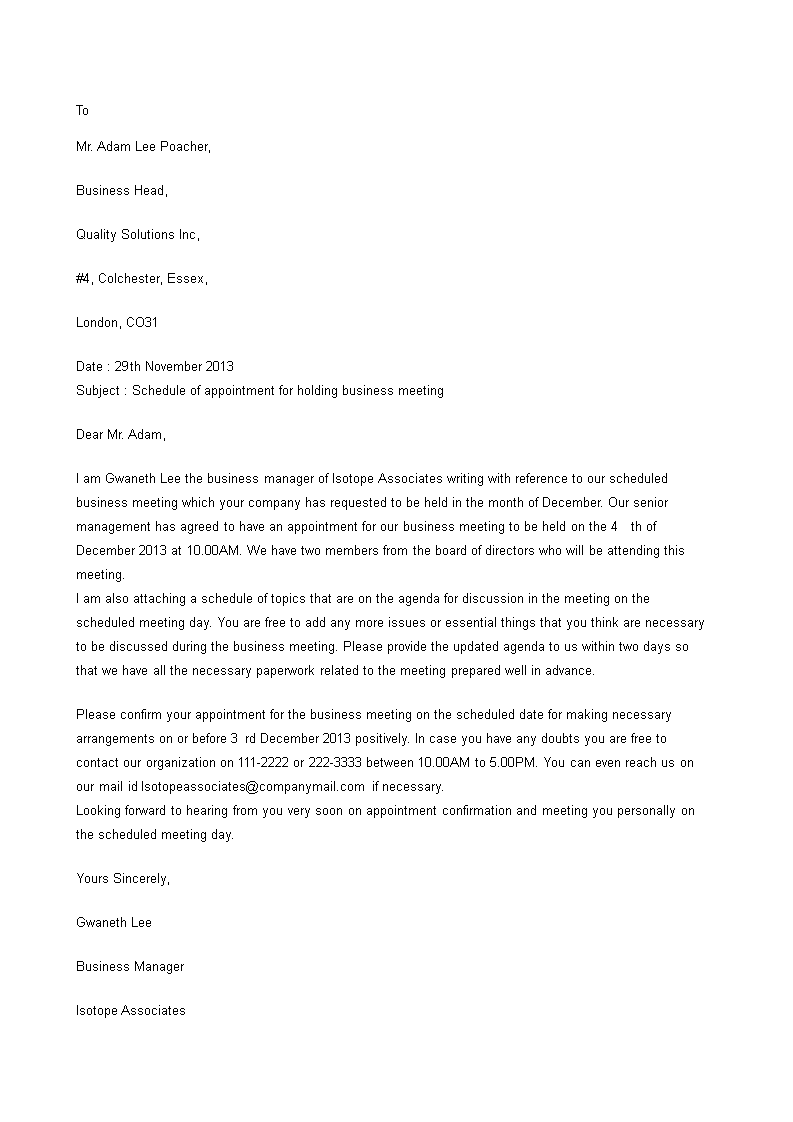 letter to schedule business meeting Hauptschablonenbild