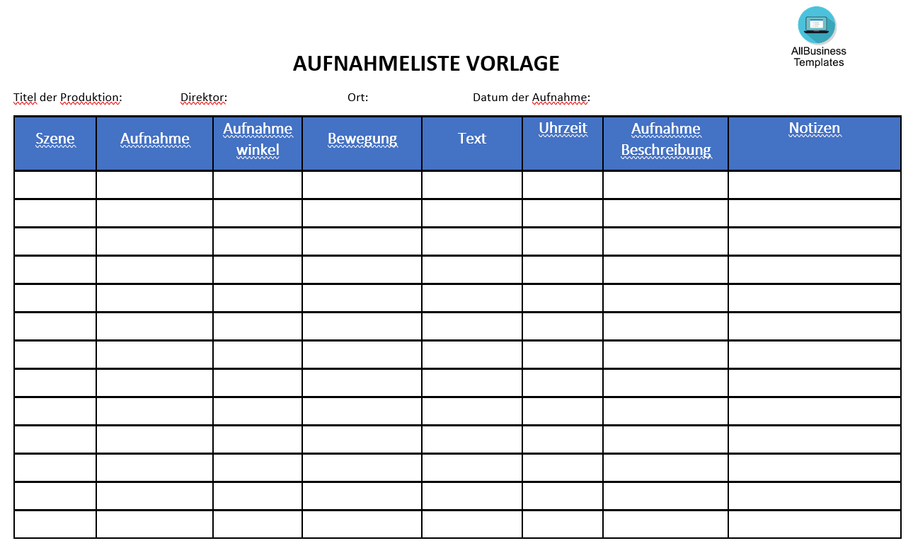 aufnahmelistenvorlage voorbeeld afbeelding 