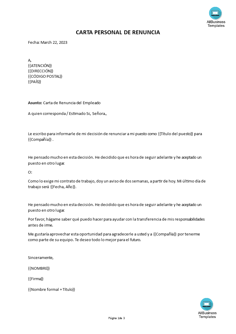 carta de renuncia período de notificación no se conoce Hauptschablonenbild