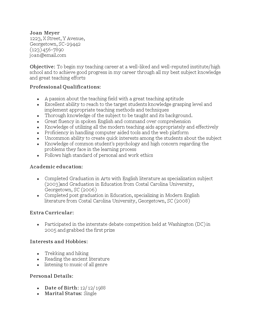 resume format for teacher job fresher