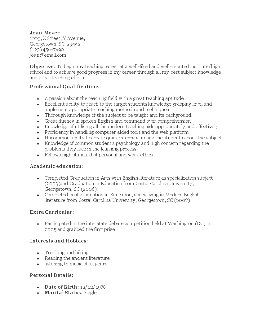 School Teacher Fresher Resume 模板