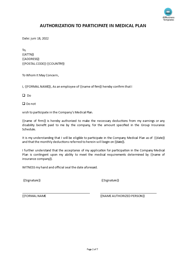 medical authorization letter template Hauptschablonenbild