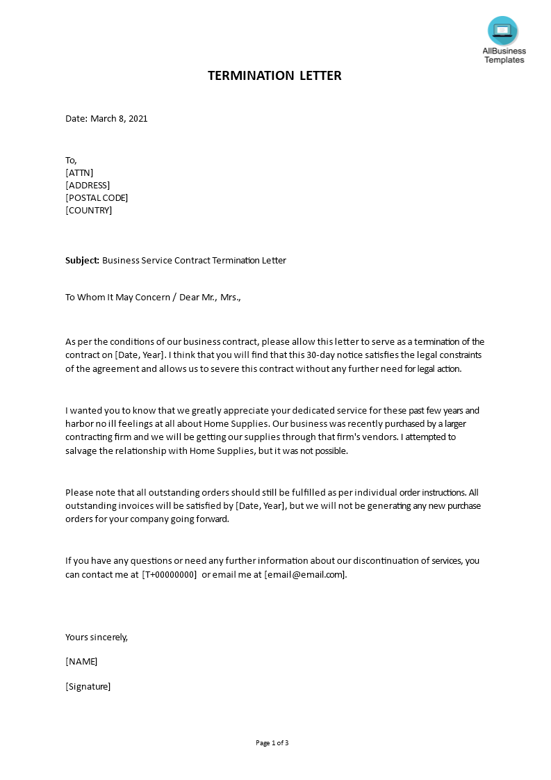 Business Service Contract Termination Letter | Templates ...