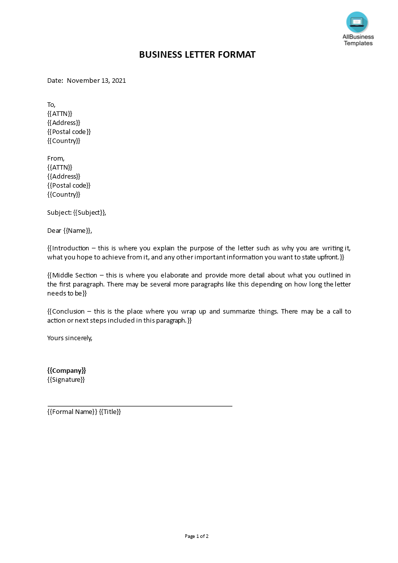 format of a business letter template