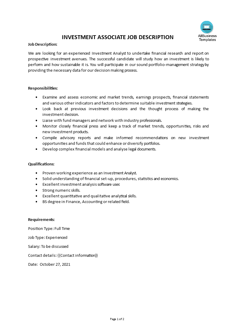 investment associate job description template