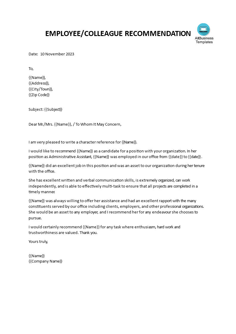 employee recommendation letter sample template