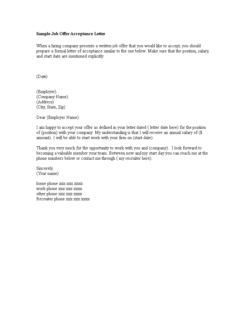 Job Offer Acceptance Letter in main image