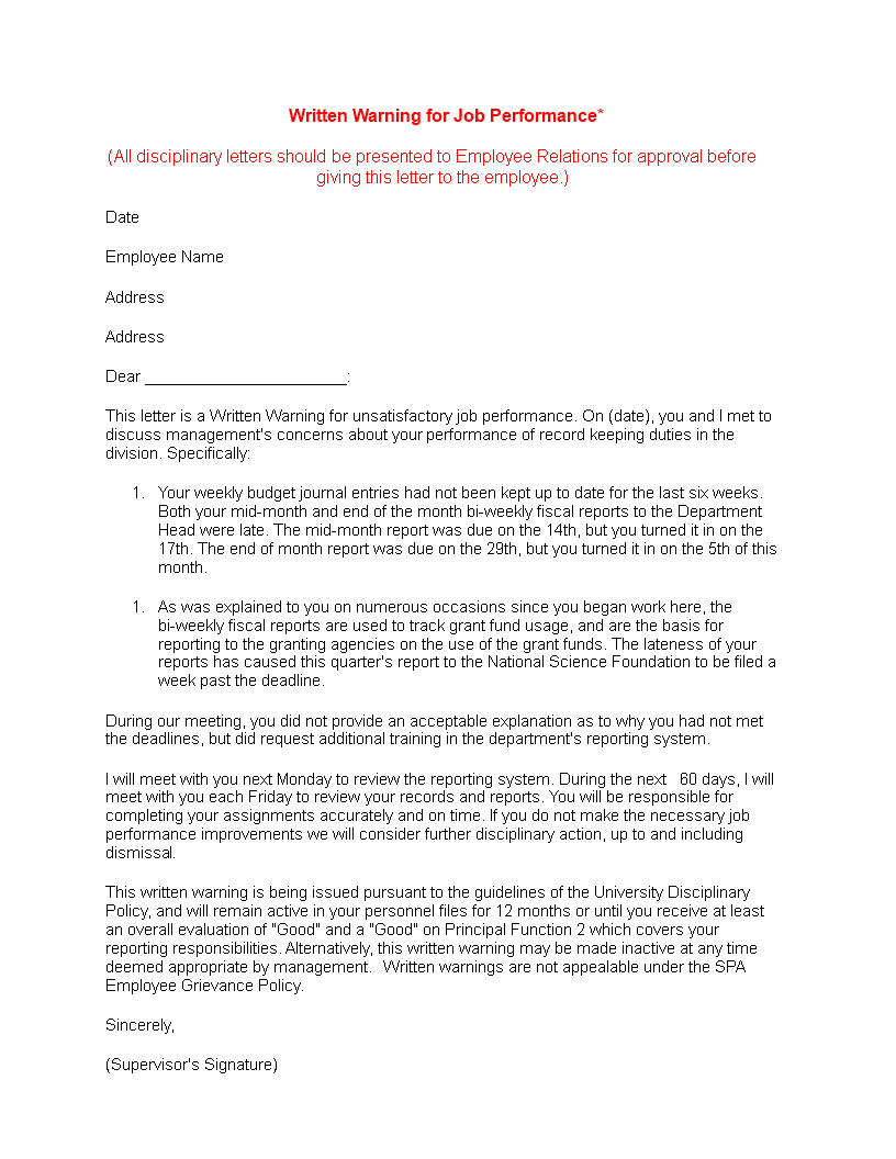 staff warning letter template for unsatisfactory job performance voorbeeld afbeelding 