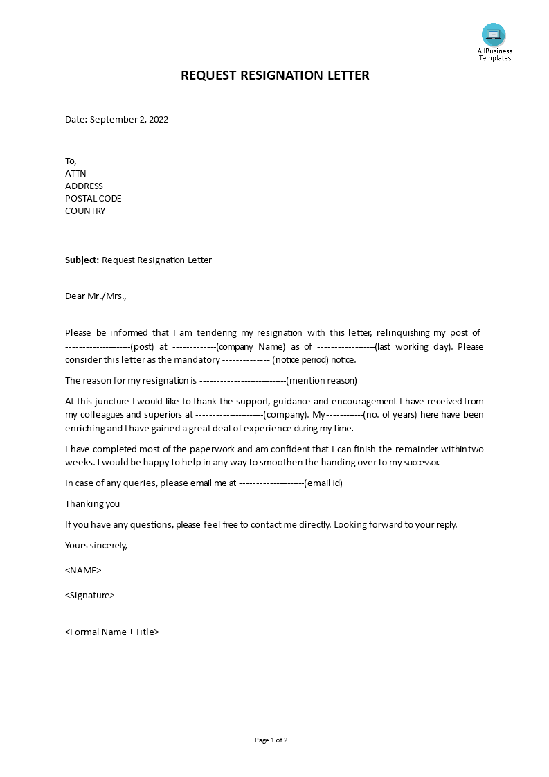 resignation letter template voorbeeld afbeelding 