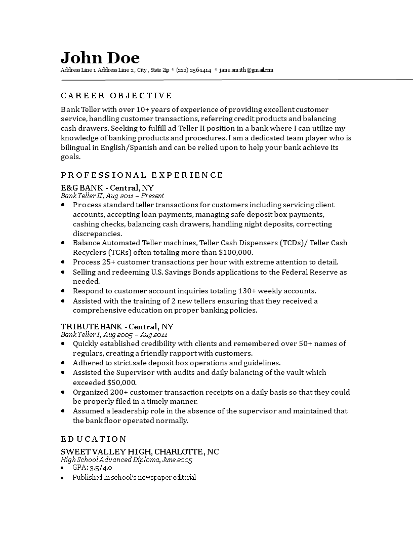 resume format for bank teller position