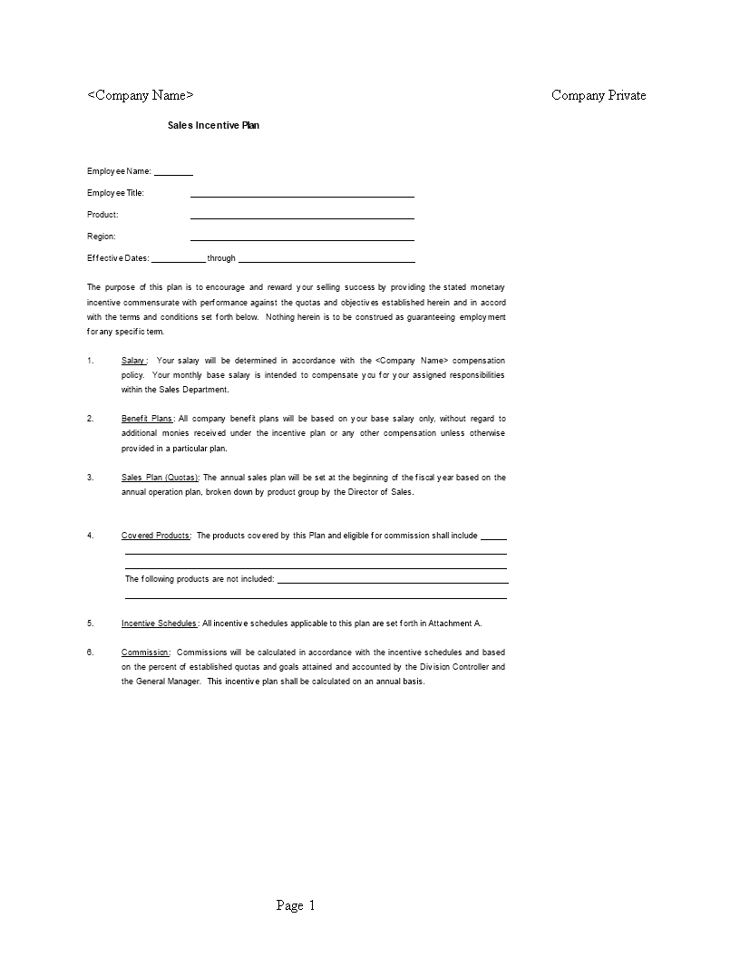 sales incentive plan sample word template