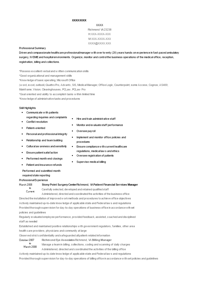 Patient Financial Services Manager Resume 模板