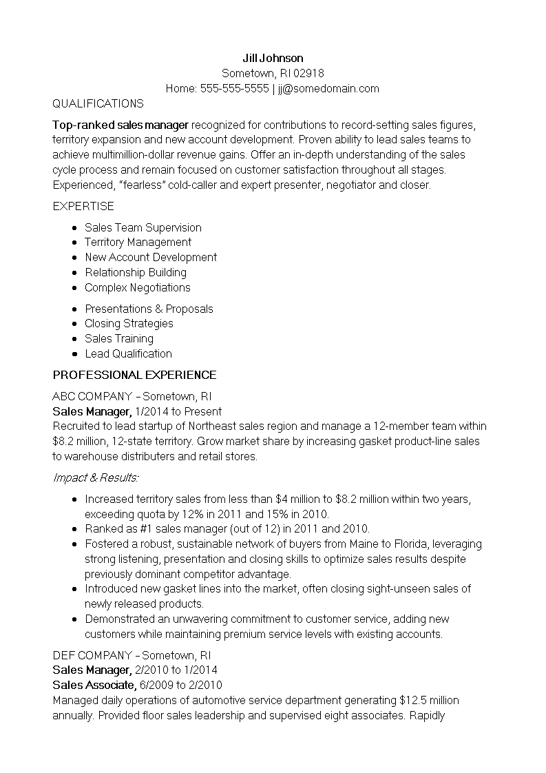 inside sales manager resume modèles