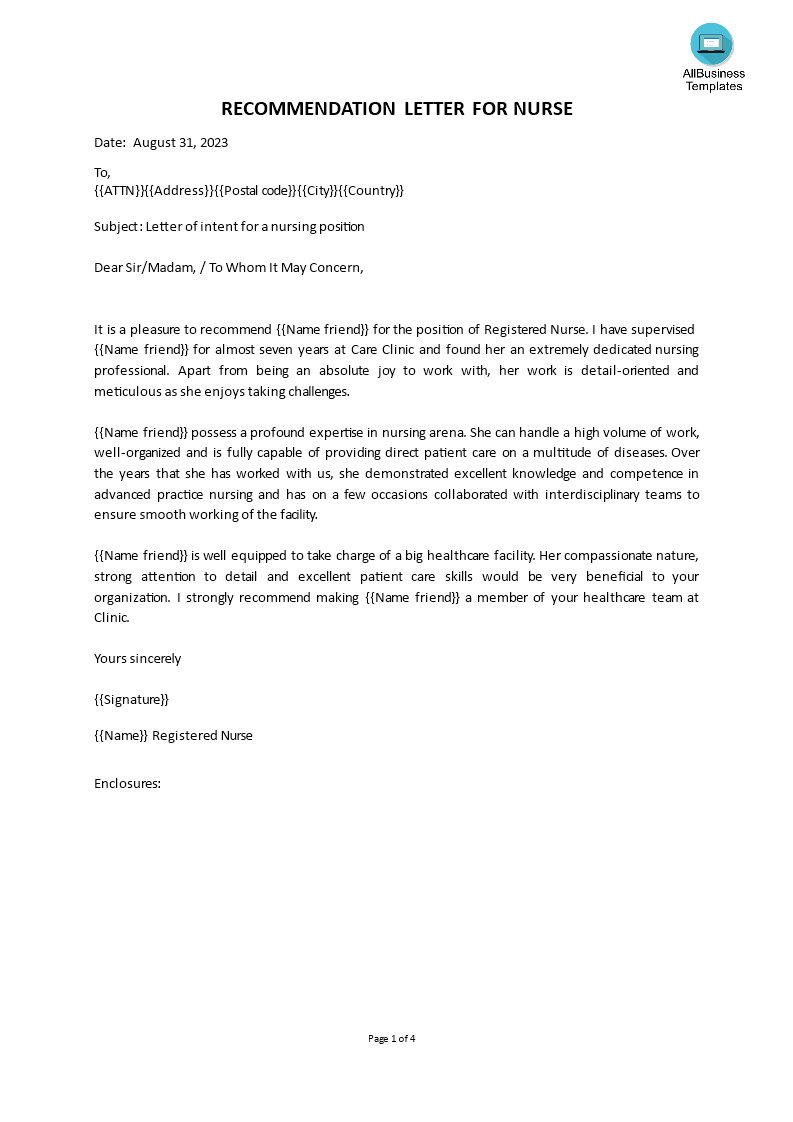 personal letter of recommendation for nurse Hauptschablonenbild