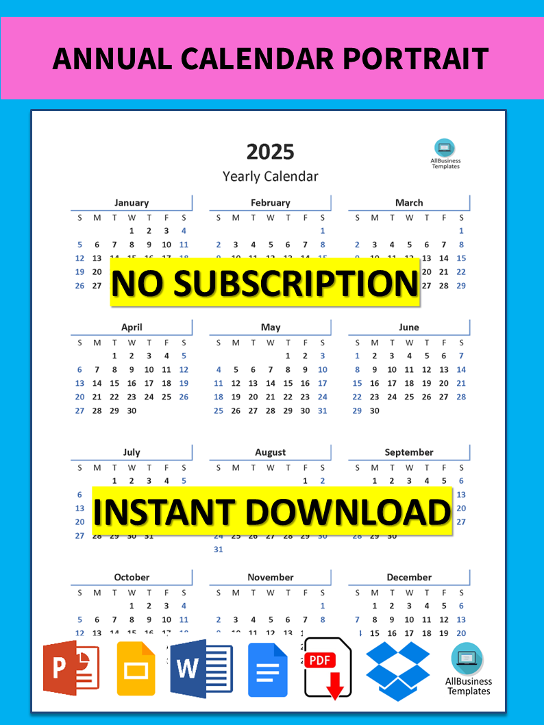 annual calendar portrait in excel Hauptschablonenbild