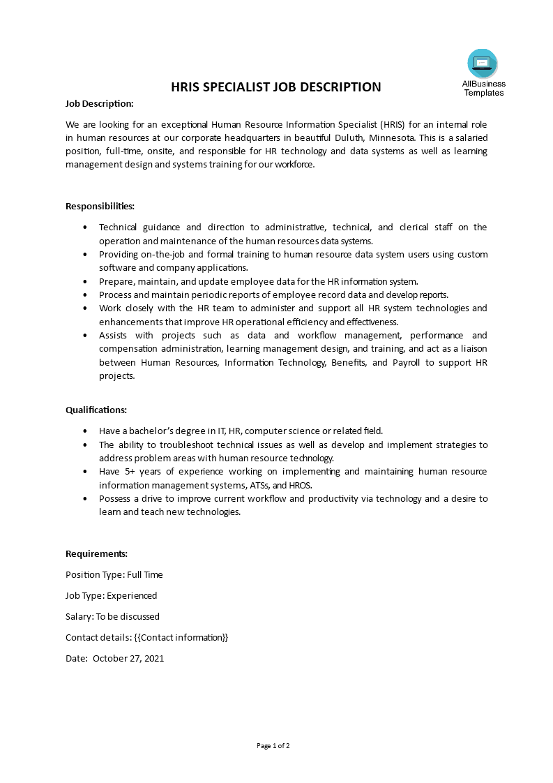 hris specialist job description modèles