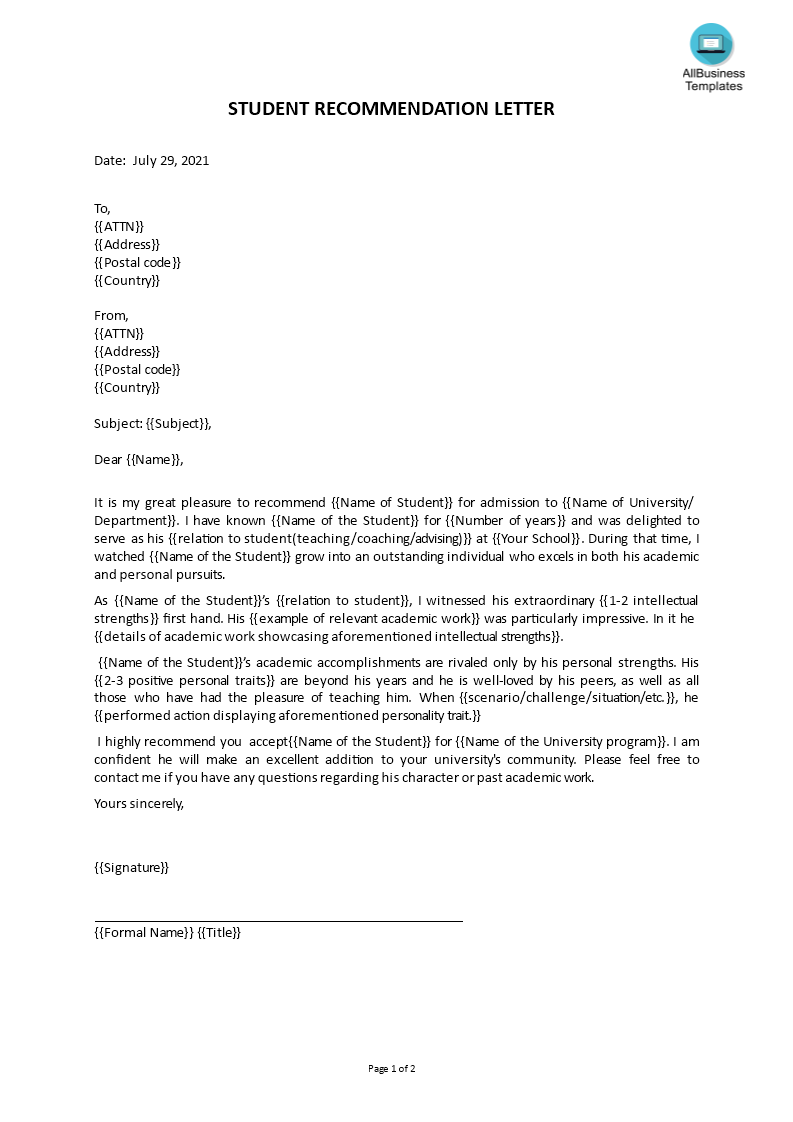 recommendation letter for student from teacher Hauptschablonenbild