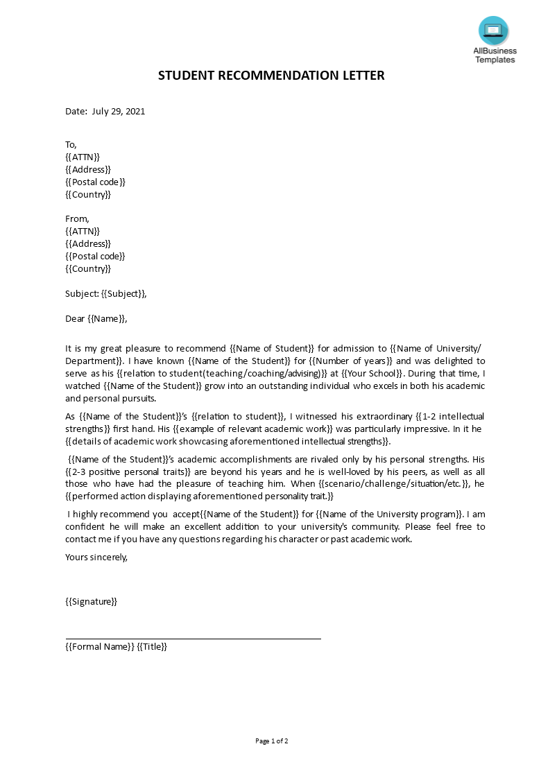 recommendation letter for student from teacher modèles