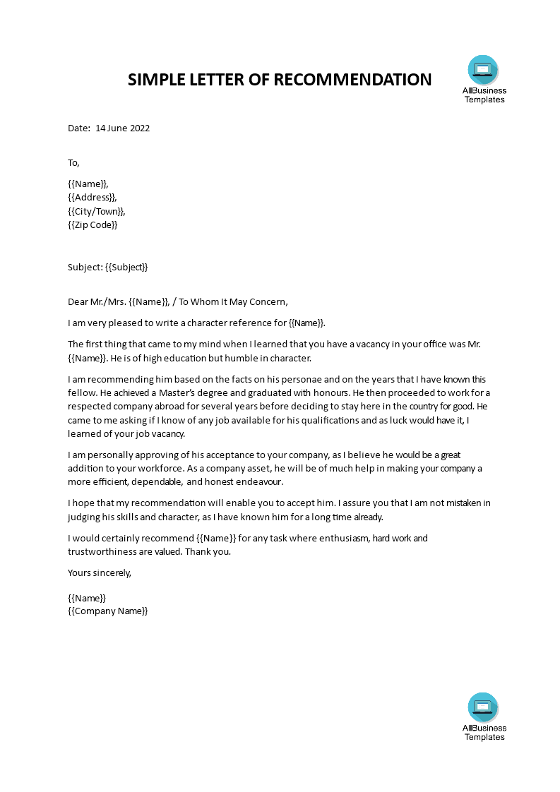 simple recommendation letter template