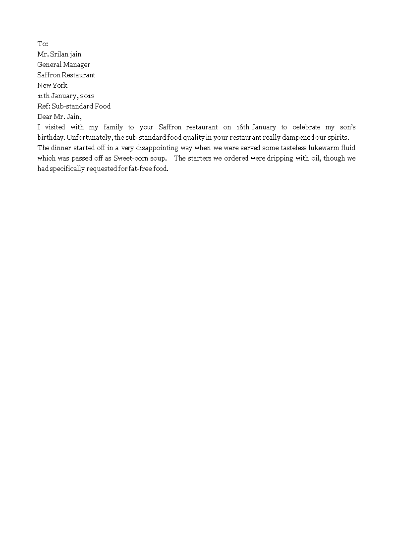 complaint letter food quality template