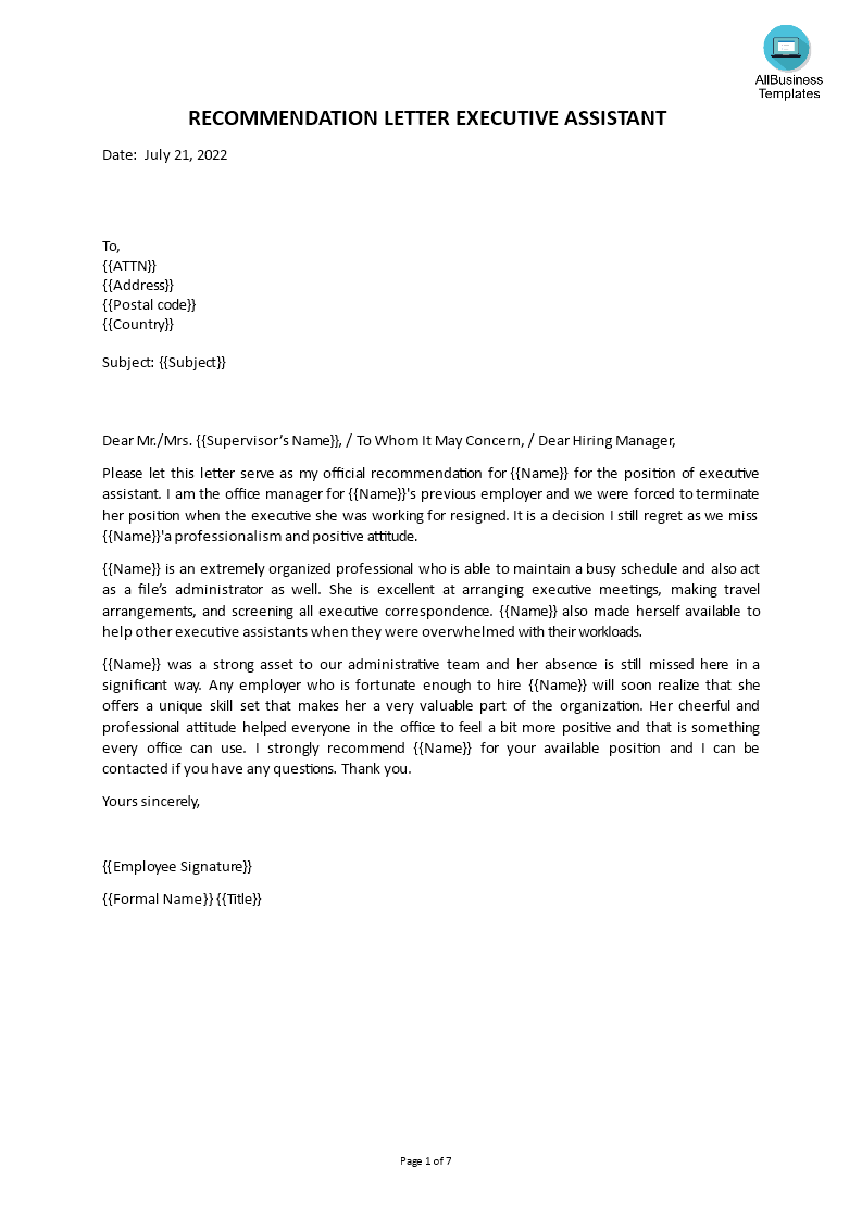 personal assistant letter of recommendation Hauptschablonenbild