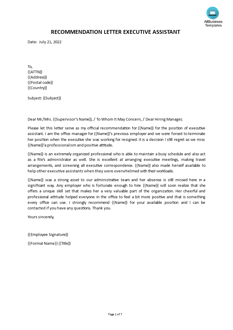 personal assistant letter of recommendation plantilla imagen principal