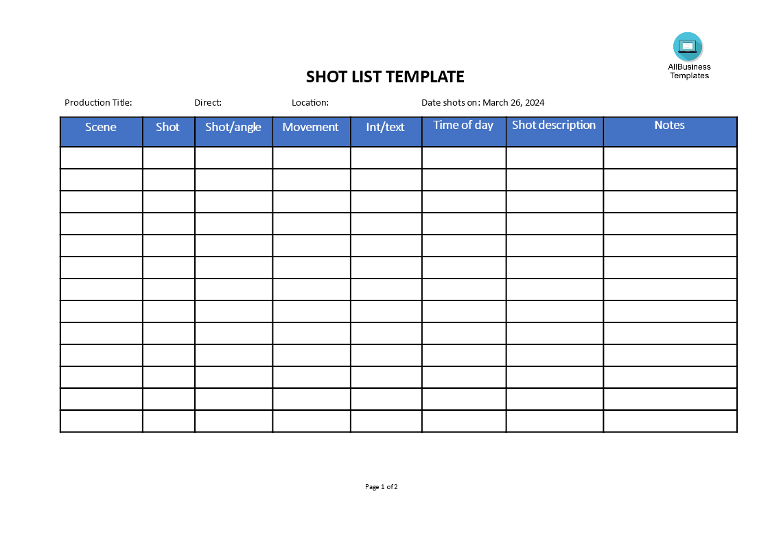 shot list Hauptschablonenbild