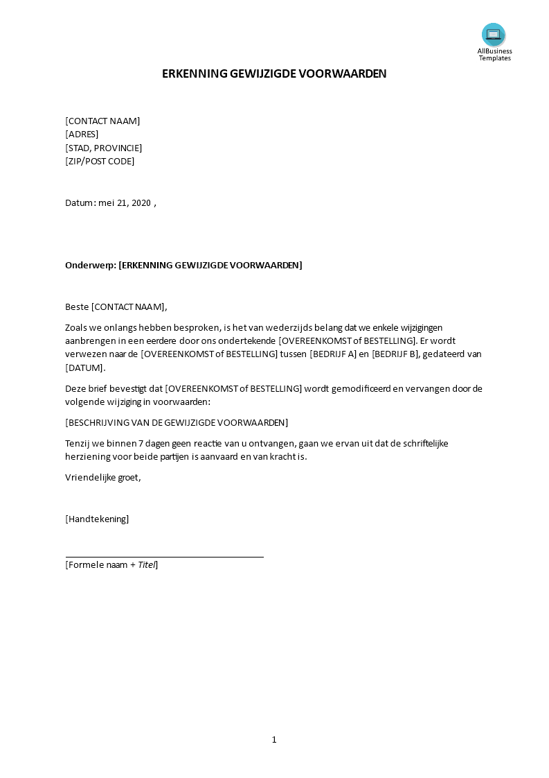 herziening voorwaarden contract modelbrief voorbeeld afbeelding 