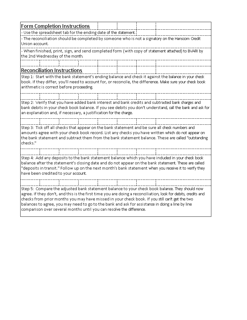 bank reconciliation template excel worksheet voorbeeld afbeelding 