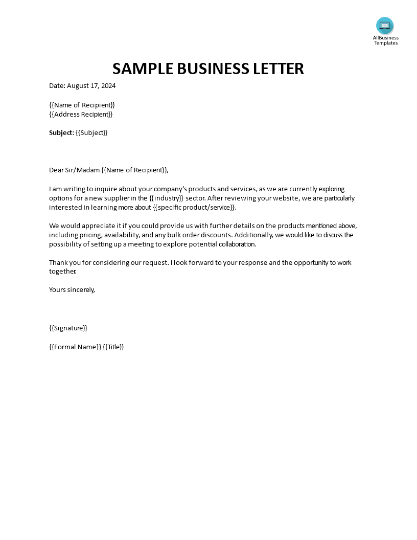 sample business letter template