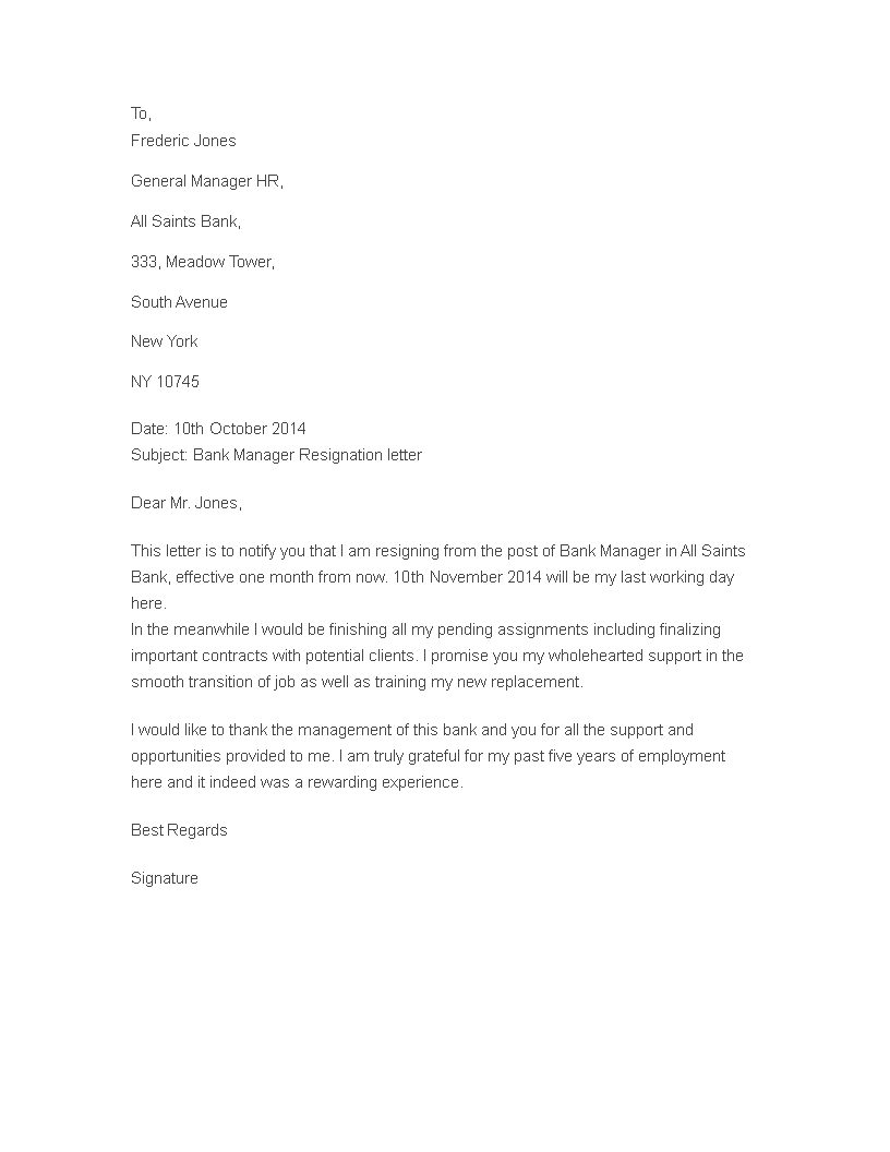 Resignation Letter for Bank Employee main image