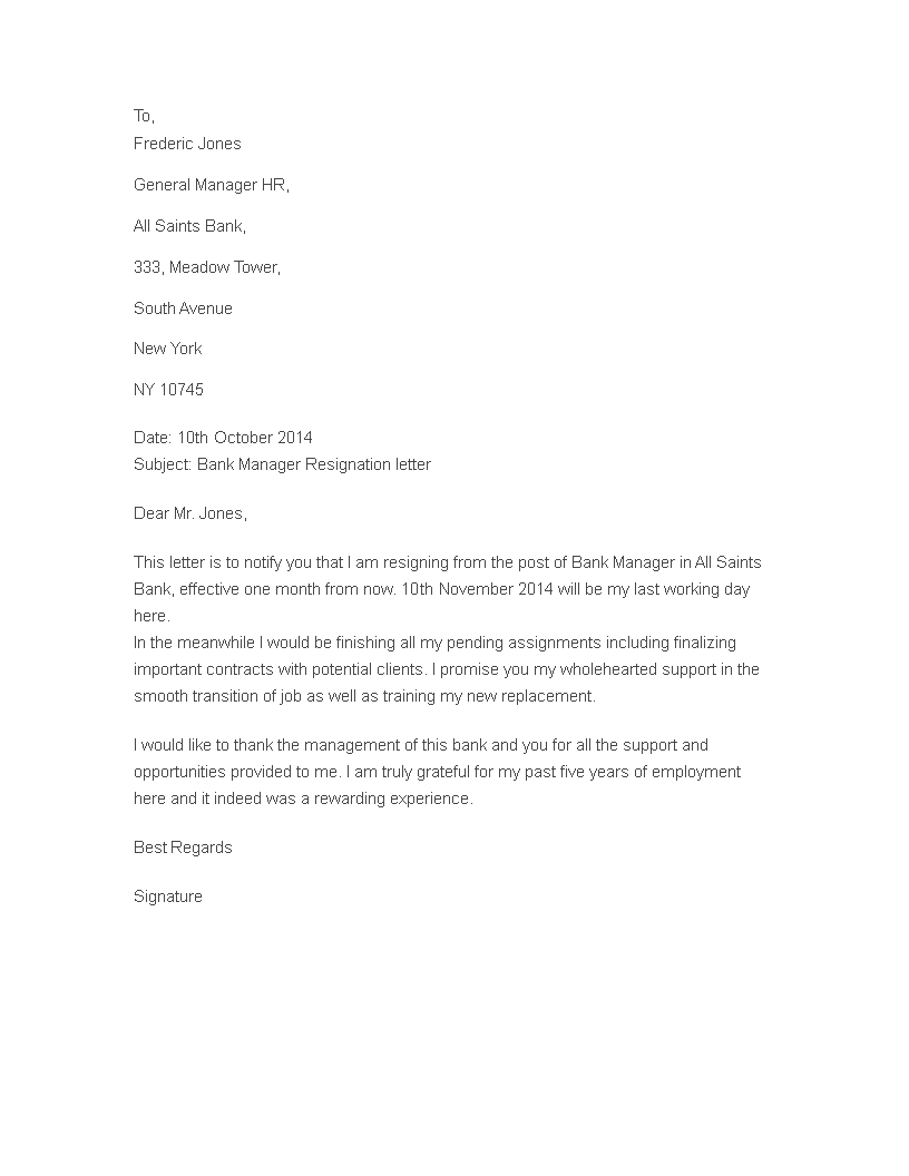 resignation letter for bank employee template