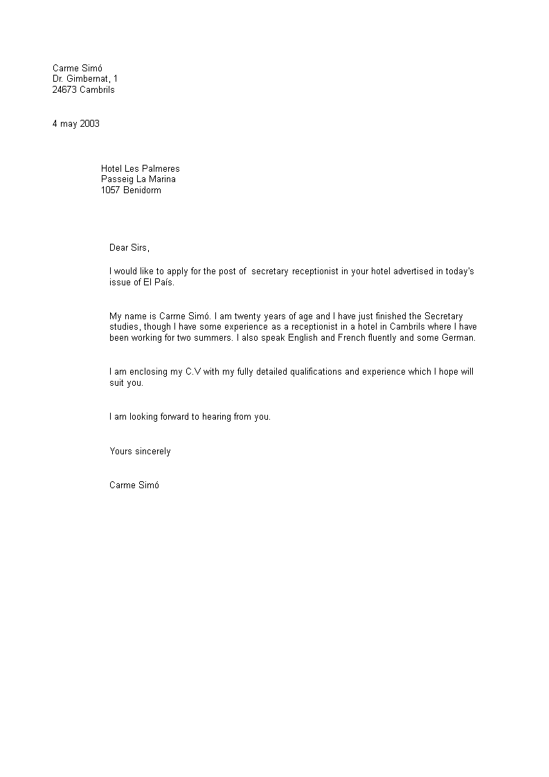 office secretary application letter