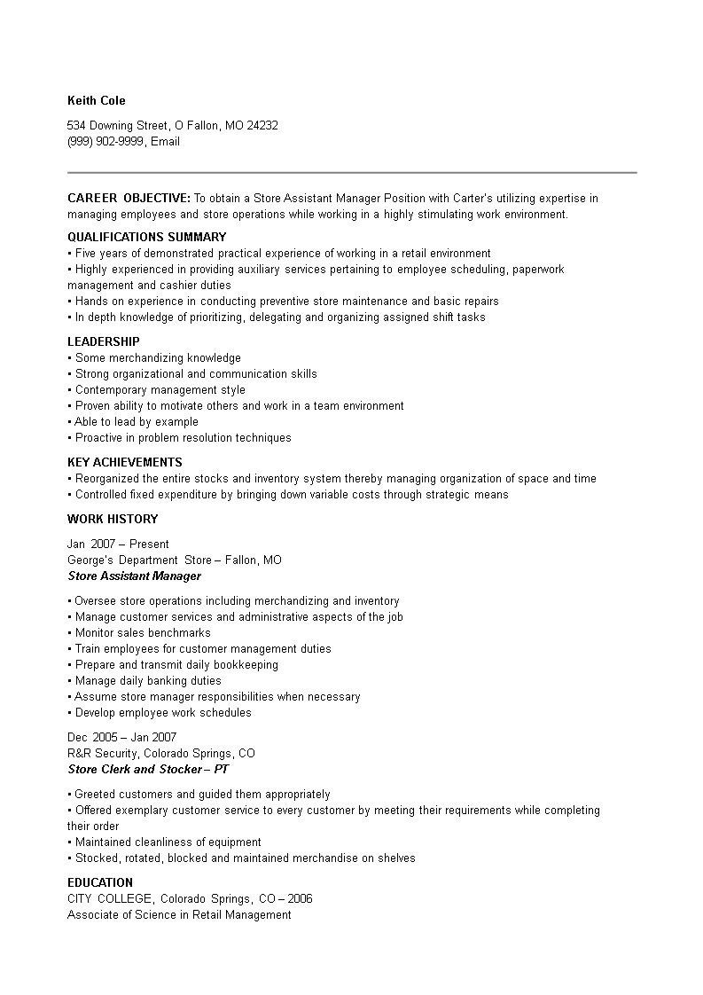 assistant store manager resume template modèles