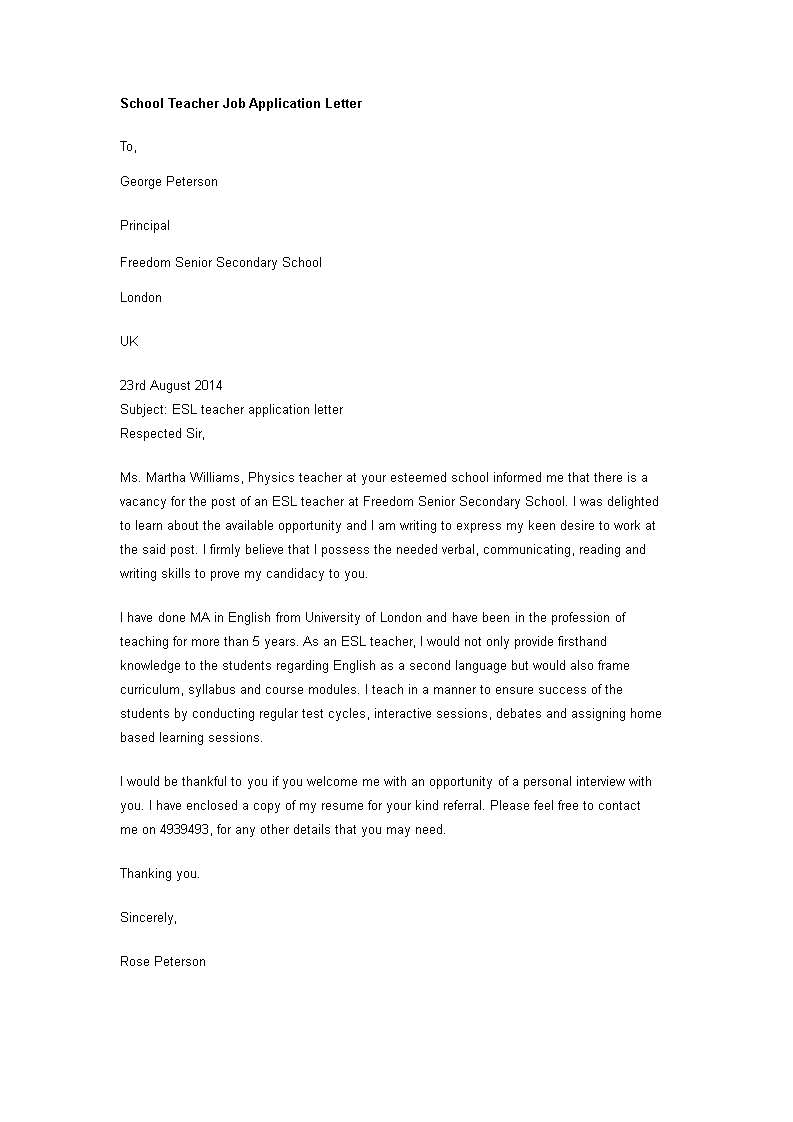 sample application letter applying for teacher